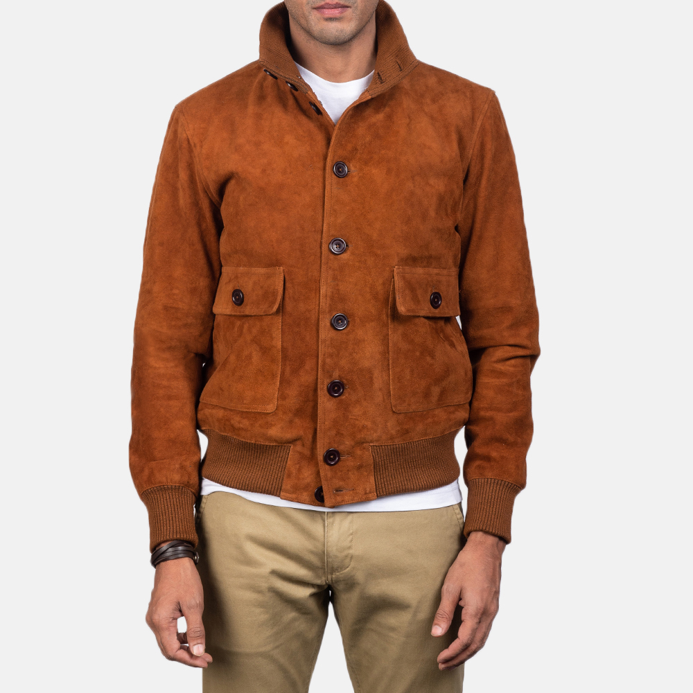 Rust Suede Button-Front Jacket with Patch Pockets